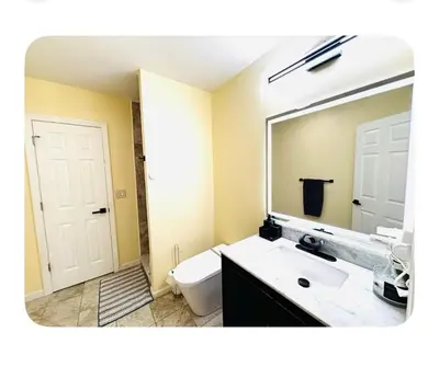 a bathroom with a sink and a mirror and a toilet at Jersey Oasis in Hazelton