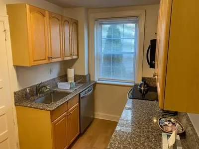 a kitchen with wooden cabinets and a sink and a window at Bryn Mawr Spacious Grnd Floor Apt Free Parking in Bryn Mawr
