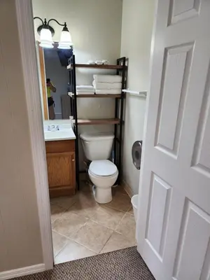 a bathroom with a toilet and a sink and a mirror at Dunnstown Lodge in Lock Haven