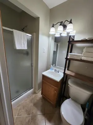 a bathroom with a shower and a toilet and a sink at Dunnstown Lodge in Lock Haven