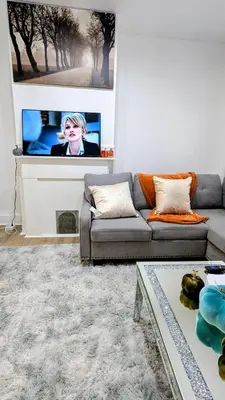 a living room with a couch and a tv at Luxury 2bedrooms 1bath home near philly museum Temple and center city in Philadelphia