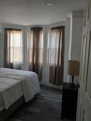 a bedroom with a bed and two windows at Labelle in Wilkes-Barre