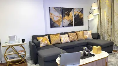 a living room with a couch and a table with a laptop at Spacious Private Ensuite, With Private Bath, Outdoor Space, Workstation, Gym, & All Utilities Included in Point Breeze Home in Philadelphia