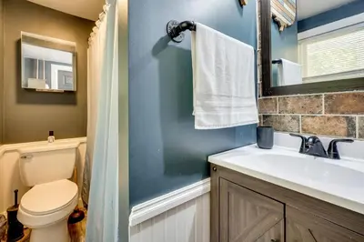 a bathroom with a toilet and a sink and a mirror at Little Woodland Home Hidden Gem By Dtwn Bethlehem in Bethlehem