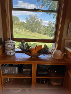 a window with a bowl of vegetables on a shelf at Rutland Hill Farmhouse in Mansfield