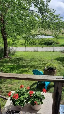 a table with flowers and a blue chair and a bench at Rutland Hill Farmhouse in Mansfield