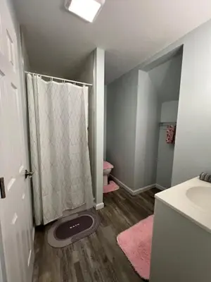 a bathroom with a shower with a sink and a toilet at Chalet Montelago in The Hideout in Lake Ariel