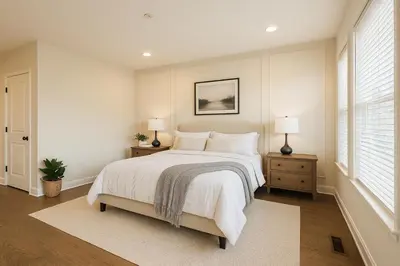 a bedroom with a bed with two night stands and two lamps at Modern Riverfront Rowhome, Walk to Fishtown in Philadelphia