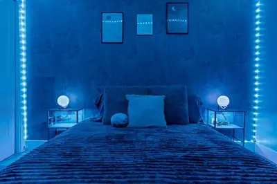 a blue bedroom with a bed with a teddy bear on it at Lunar Escape 1 Bd Near Zoo, Rocky Steps & Downtown in Philadelphia