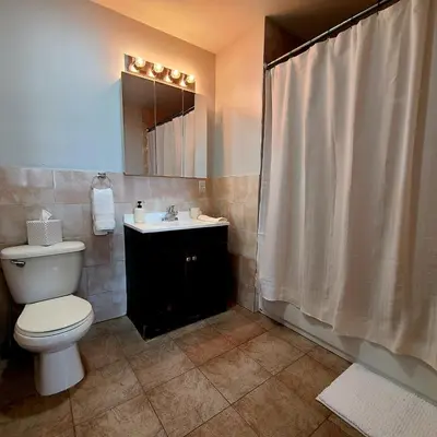 a bathroom with a toilet and a sink and a shower at Spacious Apt in Fairview NJ Easy Commute to NYC with parking in Fairview