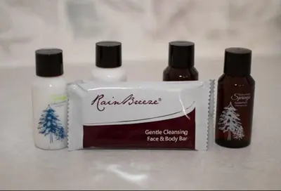 a group of three bottles oficating products sitting on a counter at Smith's Colonial Motel in Hancock