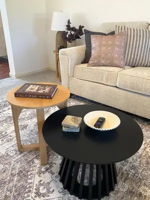 a living room with a couch and a coffee table at 11-Acre Retreat I Firepit, Pickleball and Nature