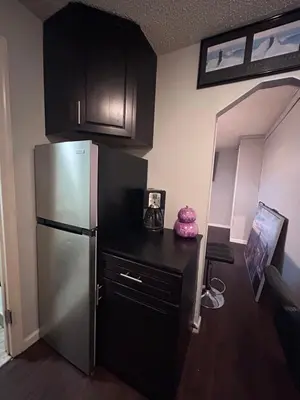 a kitchen with a stainless steel refrigerator and cabinets at The Layover Lounge in Elizabeth