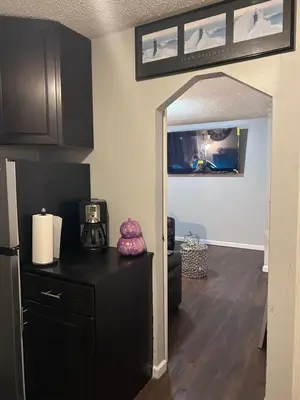 a room with a black cabinet and a mirror at The Layover Lounge in Elizabeth