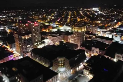 an aerial view of a city at night at THE LIMÓNETTA - STUDIO IN HISTORIC LANCASTER in Lancaster