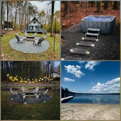 a collage of photos with a house and a hot tub at Lake Access, Hot Tub, Fire Pit in Arrowhead Lake
