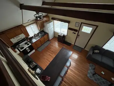 an overhead view of a kitchen and living room at Lake Access, Hot Tub, Fire Pit in Arrowhead Lake