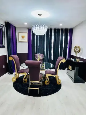 a living room with purple chairs and a glass table at 7 Large Bedrooms Art-Inspired Art House in Newark