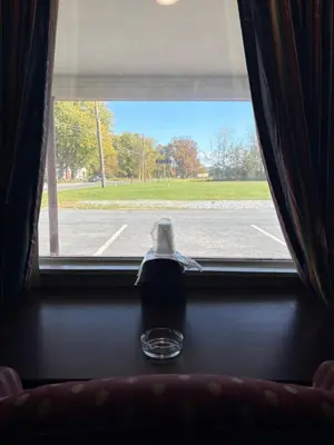 a view of a window with a bottle on a table at Hollywood Motel in Middletown