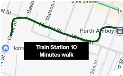 a map of a train station minutes walk at Private Room - Shared Bathroom in Perth Amboy