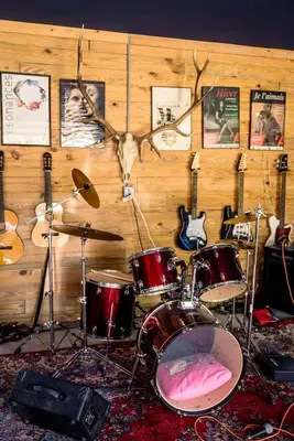 a room with drums and a wall with posters at Private Luxury Log Cabin in New Hope