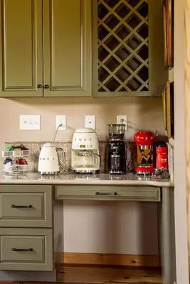 a kitchen counter with three toasters on it at Private Luxury Log Cabin in New Hope