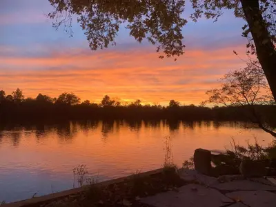 a sunset over a body of water with a tree at Charming & Whimsical Historic River Home in Titusville