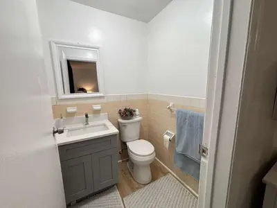 a bathroom with a toilet and a sink and a mirror at Entire Cozy Apartment Fully Renovated Modern Style in North Brunswick