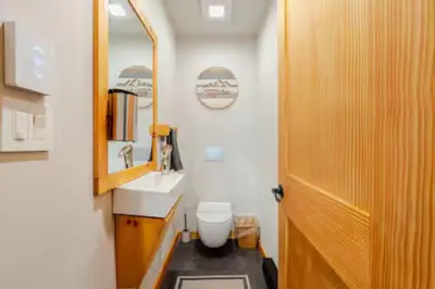 a bathroom with a toilet and a sink and a mirror at Ski-InandSki-Out Camelback Mtn Retreat with Hot Tub in Tannersville
