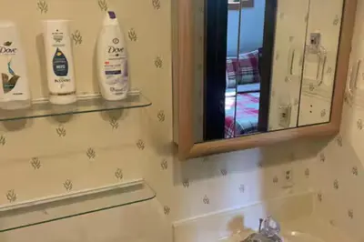 a bathroom with a sink and a mirror at Ski-InandSki-Out Camelback Mtn Retreat with Hot Tub in Tannersville