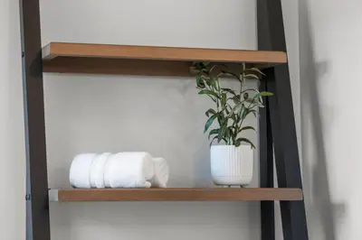 a shelf with towels and a plant on it at Peaceful Valley Retreat in Elliottsburg