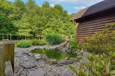 a small pond in a garden next to a building at Ridgetop Cabin in Elliottsburg