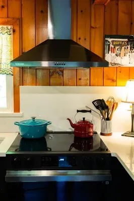 a stove top with a pot and a tea kettle on it at Hot Tub, Wood-burning Fireplace and 4 acres of Forest in Margaretville in Margaretville