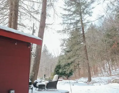a patio with chairs and a table in the snow at Hot Tub, Wood-burning Fireplace and 4 acres of Forest in Margaretville in Margaretville