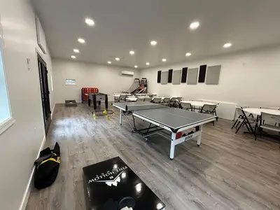 a ping pong room with tables and ping pong balls at Pine Hollow Lodge in Duncannon