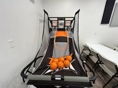 a basketball hoop with a net with oranges on it at Pine Hollow Lodge in Duncannon
