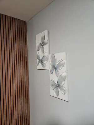 three pictures of butterflies hanging on a wall at Entire Spacious House in New Jersey in East Orange
