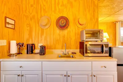a kitchen with a counter with a microwave and a sink at Hike, Ski and Golf Water-View Lake Winola Retreat! in Factoryville