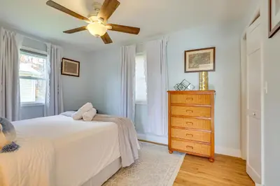 a bedroom with a bed and a ceiling fan at Scanton Area Retreat Drive to Montage and Elk Mtn! in Factoryville