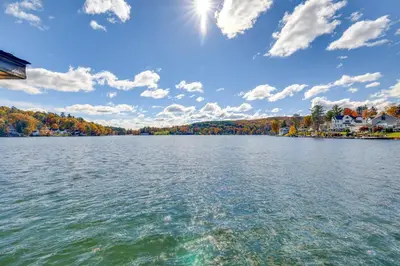 a view of the water from a boat on a lake at Scenic Waterfront Home with Dock on Lake Winola! in Factoryville