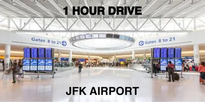 an airport with the words i hour drive and jkk airport at Newly Built Lake House Near NYC EWR MetLife AD Mall in Passaic
