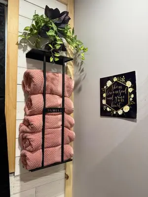 a towel rack with pink towels in a bathroom at Rest in Wellsville