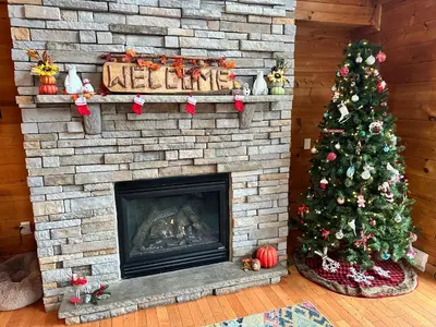 a living room with a fireplace with a christmas tree at Secluded Retreat near Ski Resorts, Hot Tub, BBQ in Blakeslee