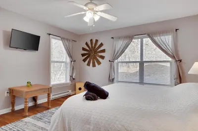 a bedroom with a bed and a tv and windows at Secluded Retreat near Ski Resorts, Hot Tub, BBQ in Blakeslee
