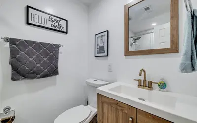 a bathroom with a toilet and a sink and a mirror at Lake Area 6BR Pet friendly home in Poconos - Your Pocono Retreat in Thornhurst
