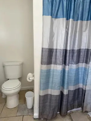 a bathroom with a toilet and a shower curtain at Private house with 4 bedrooms 2 bathrooms, NYC direct bus 1 block away, MetLife Stadium FIFA World Cup 30 minutes away in Perth Amboy