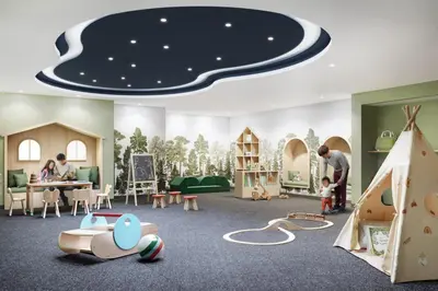 a play room with a ceiling with a cloud on it at Blueground Chelsea rooftop pool nr High Line NYC-2145 in New York
