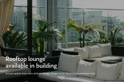 a room with white pillows and plants on a building at Blueground Chelsea rooftop pool nr High Line NYC-2145 in New York