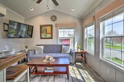 a living room with a couch and a tv at Premium Cottages and Suites near Ski Resort in Pleasant Mount