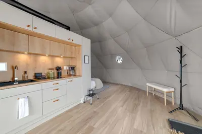a kitchen in a dome tent with a sink at Catskills Glamping at 'The Deer Dome' in Franklin in Franklin